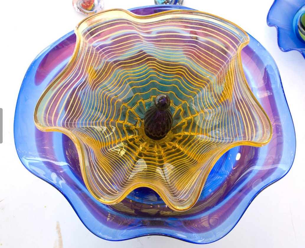 Blue and gold web pattern glass bowl