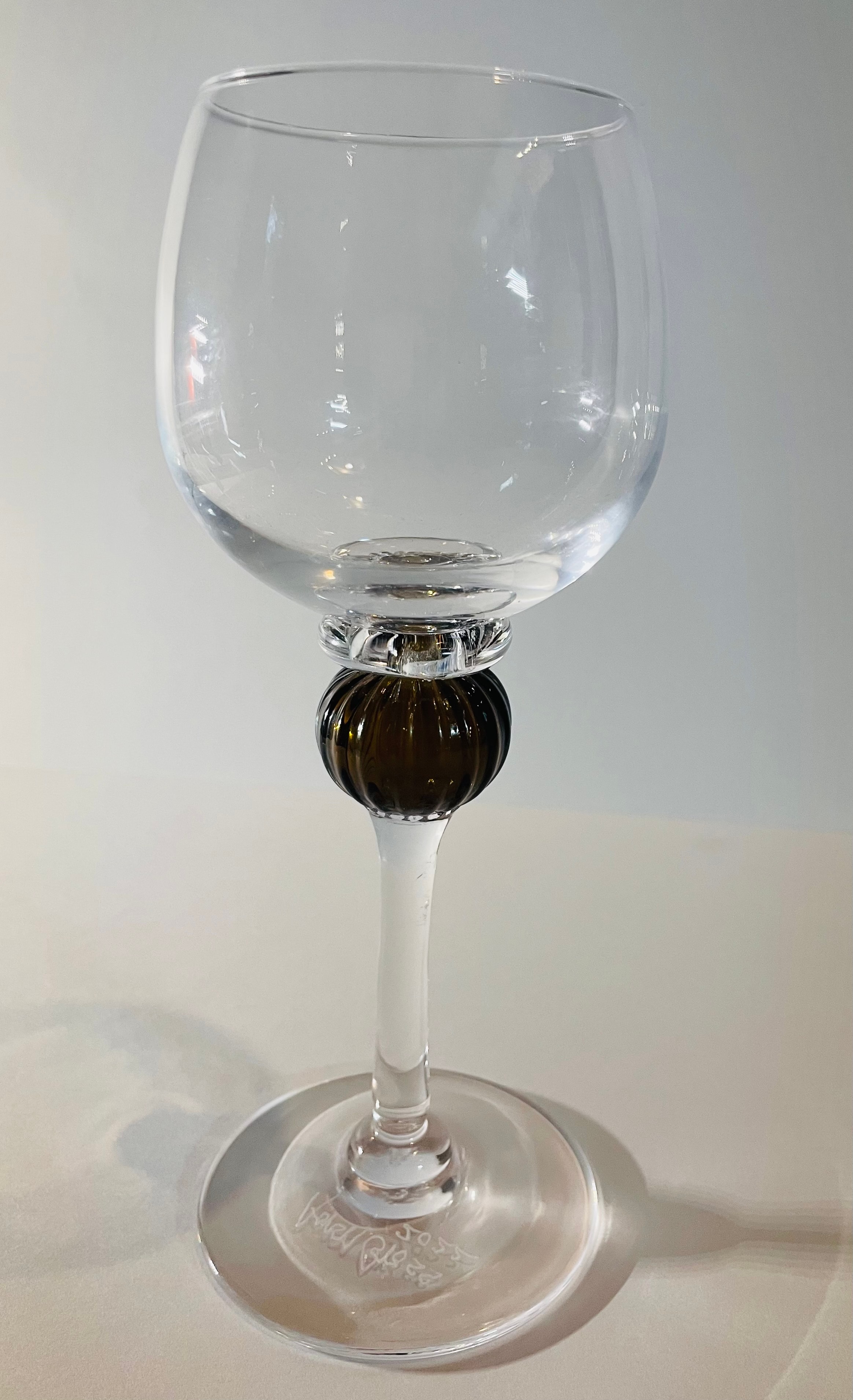 Handblown wine goblet with dark sphere stem accent
