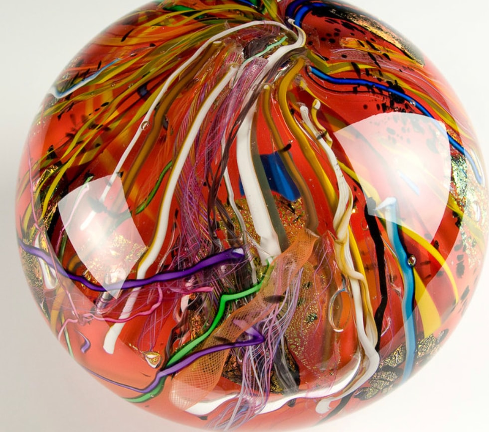 Multicolor red glass orb sculpture